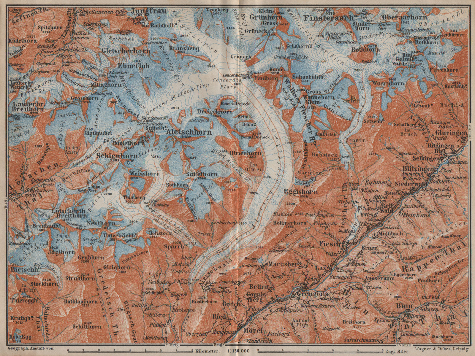 ALETSCHHORN DISTRICT. Fiesch Mörel Jungfrau Nesthorn Grengiols 1913 old map